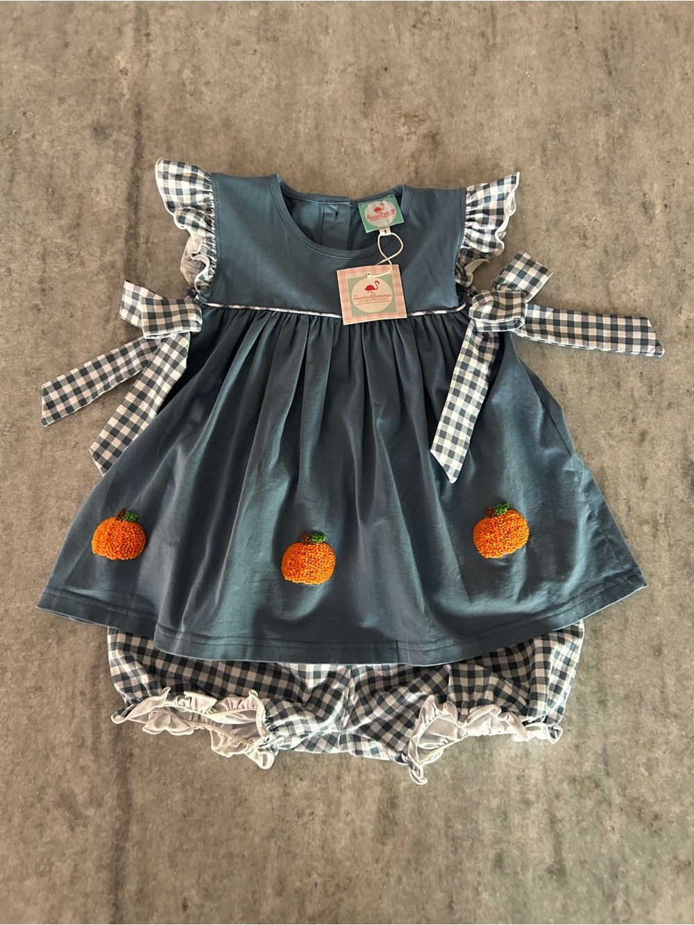 The Smocked Flamingo French Knot Pumpkin Stone Gingham Bow Short Set Size 5